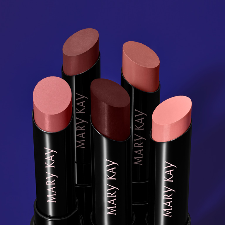 Five shades of Mary Kay Supreme Hydrating Lipstick in neutral and pink shades